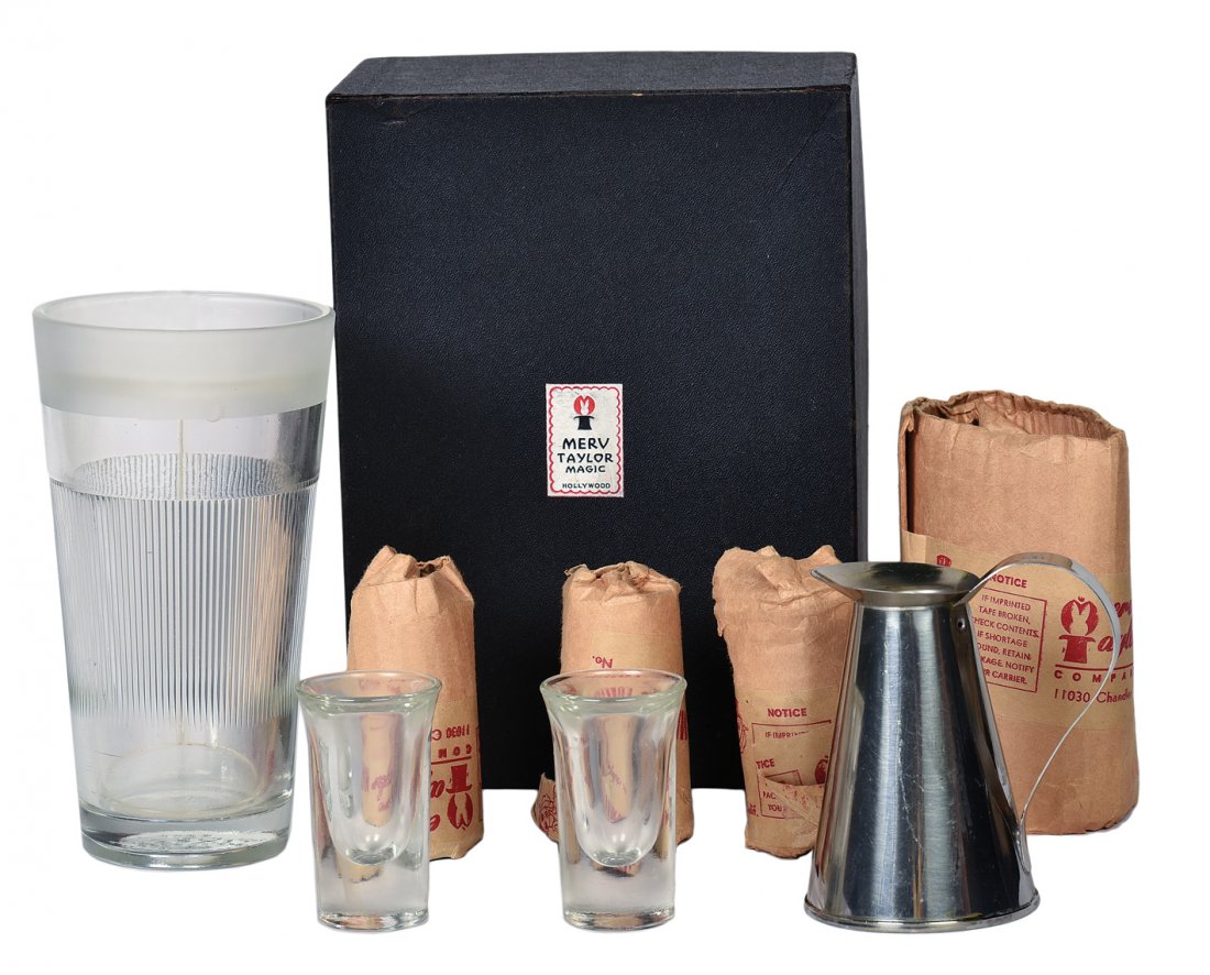 Por-Mor Fil-Mor Combination. Merv Taylor ca. 1955.: Por-Mor Fil-Mor Combination. North Hollywood, Merv Taylor, ca. 1955. A small stainless steel pitcher is used to fill four shot glasses and a large malt glass, despite the glaring disparity in size and
