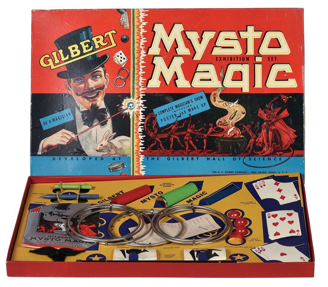[Magic Sets] Group of eight vintage magic sets.: [Magic Sets] Group of eight vintage magic sets. Including three Gilbert Mysto Magic sets (all dated 1938), plus Gilbert Puzzles (1920) and Puzzle Parties (1921); two sets from F.A.O. Schwarz (both ca.