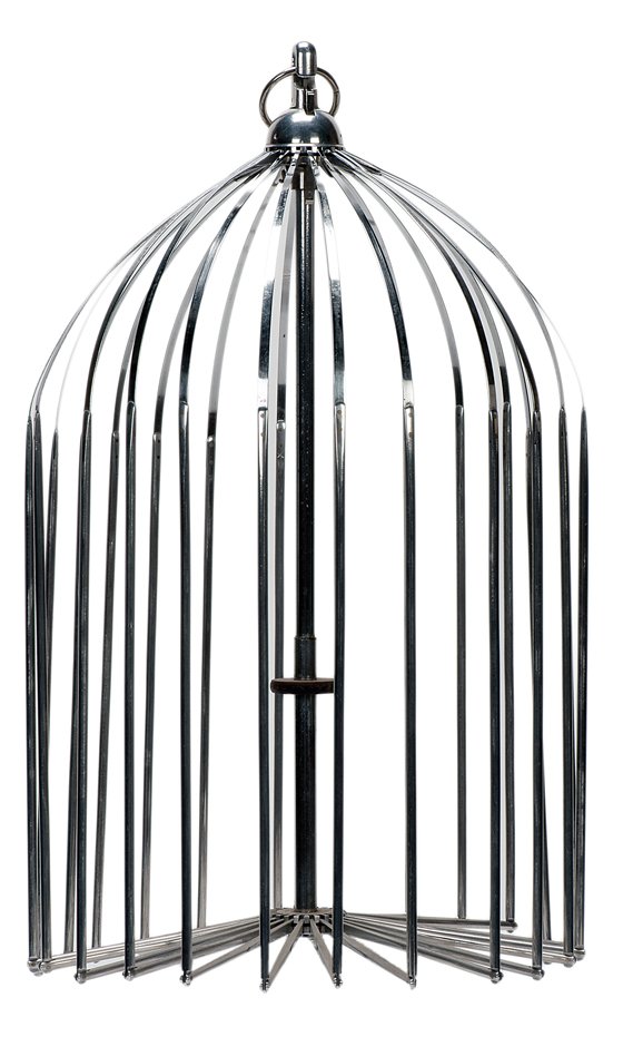Round-Top Vanishing Bird Cage. London, Jon Martin.: Round-Top Vanishing Bird Cage. London, Jon Martin, ca. 1944. Gleaming metal cage made from “dural” aluminum vanishes from the magician’s bare hands. Cage stands 12” high. Very good.