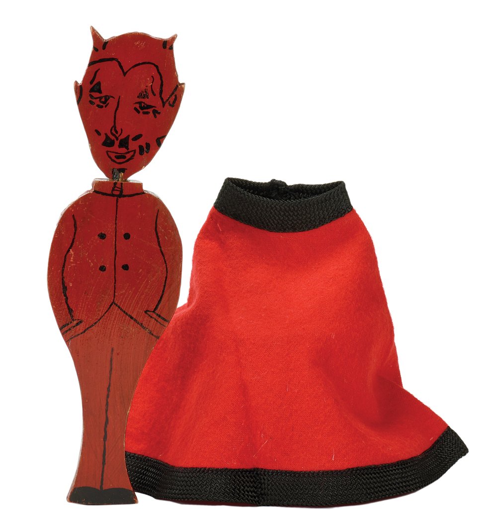 Vanishing Doll (Devil). Los Angeles, F.G. Thayer.: Vanishing Doll (Devil). Los Angeles, F.G. Thayer, ca. 1940. A small doll painted to resemble a devil vanishes from underneath a red and black cloak. Hand painted doll 7 ¼” high. Wear to finish belo