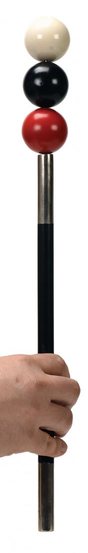 Billiard Ball Balancing Wand. American [?], ca. 1935.: Billiard Ball Balancing Wand. American [?], ca. 1935. Three billiard balls balance precariously on the tip of a magic wand (aided by a mechanism inside the wand and the specially constructed balls). W