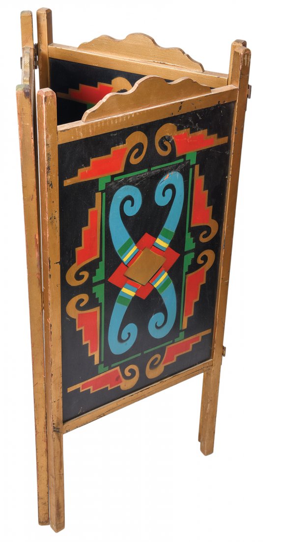 Wonder Screen. Los Angeles, F.G. Thayer, ca. 1940. A: Wonder Screen. Los Angeles, F.G. Thayer, ca. 1940. A large three-fold screen is shown on both sides, then formed into a triangle. A large production is made from within. Panels 16 x 36”. Paint shows
