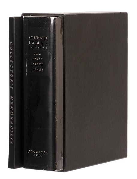 Stewart James in Print: The First Fifty Years. Dlx. edn: James, Stewart. Stewart James in Print: The First Fifty Years. Toronto: Jogestja, 1989. Number 156 from the limited, deluxe edition of 200 copies. Black cloth stamped in silver with matching slipcase 