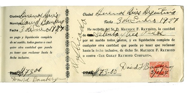 Bamberg, David (Fu Manchu). David Bamberg’s pay stubs: Bamberg, David (Fu Manchu). David Bamberg’s pay stubs from his employment with The Great Raymond. Argentina, 1926-27. Being the salary book of The Great Raymond and including two pay stubs signed by
