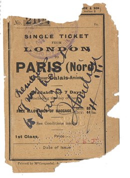 Houdini, Harry. Ferry Ticket Signed by Houdini. London,: Houdini, Harry. Ferry Ticket Signed by Houdini. London, 1920. First-class ticket stamped June 27, 1920, for passage from London to Paris. Ticket torn and chipped, not affecting signature. Inscribed an