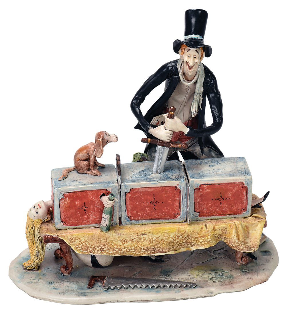Moretto, Toni. Cutting in Thirds Sculpture.: Moretto, Toni (Italian, 1929 – 2011). Cutting in Thirds Sculpture. Caricaturish depiction of a magician with a sword in hand, a saw in the foreground, and his hapless assistant in a box in front of