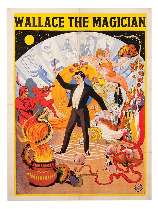 Lee, Wallace. Wallace the Magician magic poster.: Lee, Wallace. Wallace the Magician. Hamburg, Adolph Friedlander, ca. 1920. One-sheet (28 x 40”) color lithographed stock poster depicting a magician standing amid snakes, ducks, demons, and various 