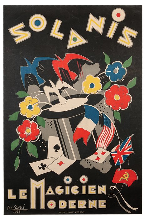 Solanis. Solanis Le Magicien Moderne. Vintage poster.: Solanis. Solanis Le Magicien Moderne. France, Royer, 1945. Half sheet (20 x 28”) color poster depicting flags, flowers, birds and playing cards erupting from a top hat, with the magician’s name fl