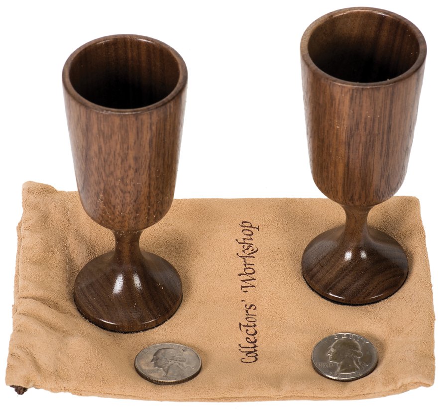 Marlin Cups. Washington D.C., Collectors’ Workshop.: Marlin Cups. Washington D.C., Collectors’ Workshop, ca. 1995. Turned wooden cordial-type cups. Four coins travel, one at a time, from one cup to the other. A shower of dimes is then produced from un