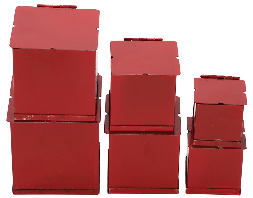 Nest of Boxes. Colon, Abbott’s, ca. 1960.: Nest of Boxes. Colon, Abbott’s, ca. 1960. A vanished bill or coin reappears in the smallest of six red-painted brass boxes. Small paint chips and light scuffing from use, else good.