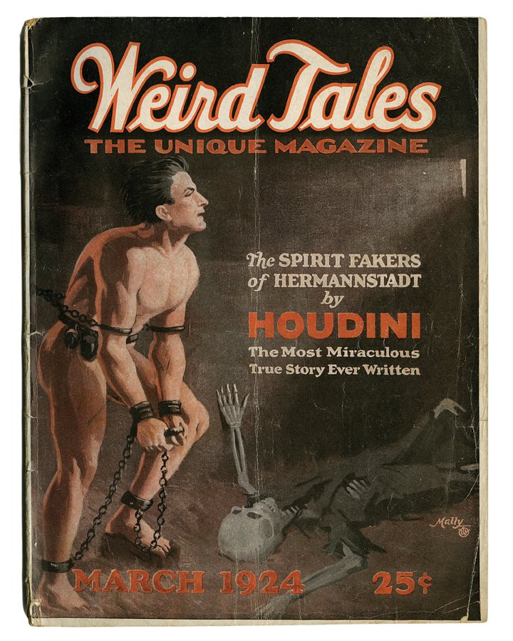 [Houdini, Harry] Weird Tales. V3 N3 (March, 1924).: [Houdini, Harry] Weird Tales. V3 N3 (March, 1924). Houdini’s story, “The Spirit Fakers of Hermannstadt,” leads the issue, followed by an H.P. Lovecraft tale and more. Naked and shackled Houdini 