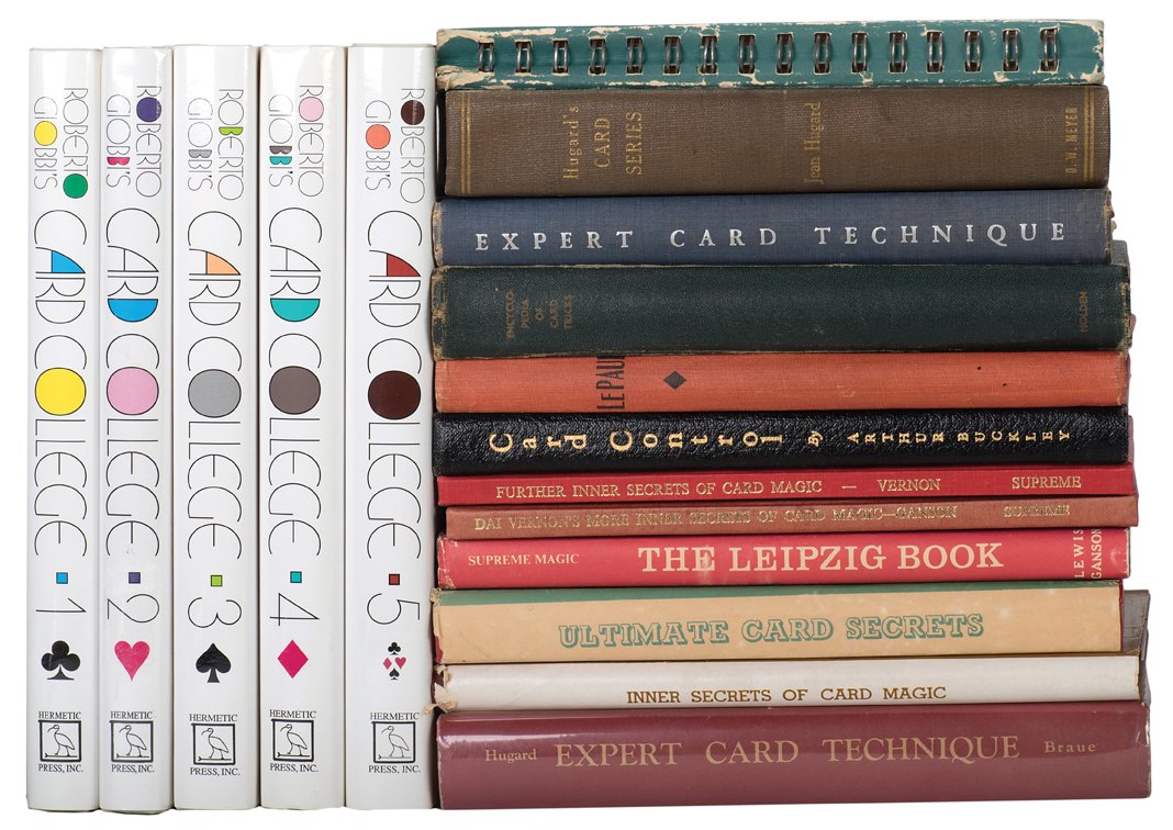 Group of eighteen books on card magic.: [Miscellaneous – Card Magic] Group of eighteen books on card magic. Including Roberto Giobbi’s Card College, Vols. 1 – 5 (Seattle: Hermetic Press, 1996 – 2006); two editions of Expert Card Tec