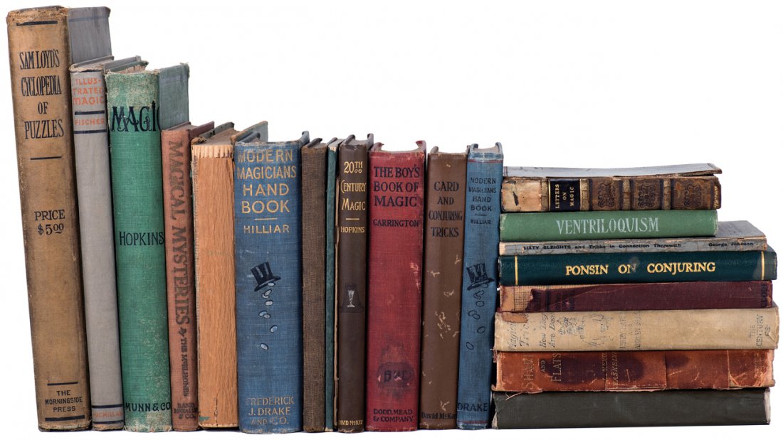 Shelf of twenty-one classic and vintage books.: [Miscellaneous – Classics] Shelf of twenty-one classic and vintage works on conjuring, magic, and puzzles. Including Sharps and Flats (1894) by Maskelyne; Letters on Natural Magic (1833) by Brewster