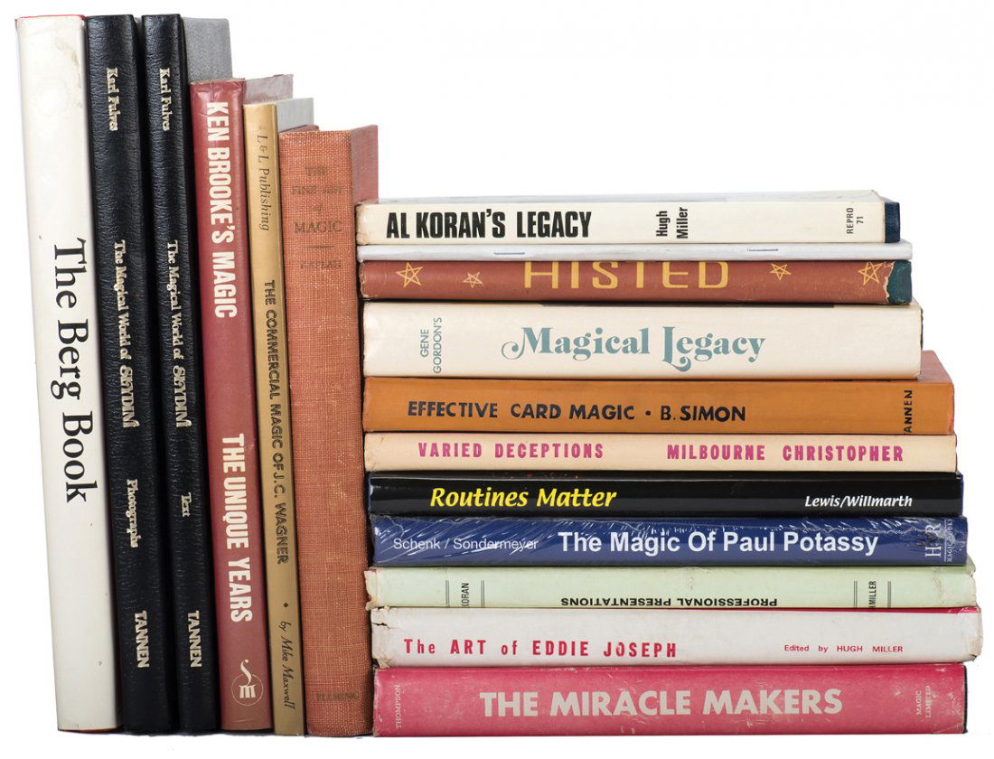 Sixteen books on various magic performers.: [Miscellaneous – “Magic of…”] Lot of sixteen books on the magic of various performers. Including The Magical World of Slydini (two vols., 1979); The Berg Book (1983); Ken Brooke’s Magic (198