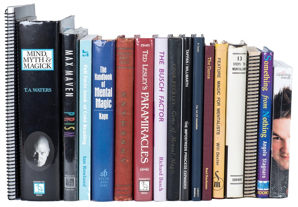 Fifteen books on mentalism, hypnotism, related subjects: [Miscellaneous – Mentalism] Lot of fifteen books on mentalism, hypnotism, and related performance subjects. Including The Busch Factor and Peek Encores (2006, 2004, respectively; both Signed) by Ric