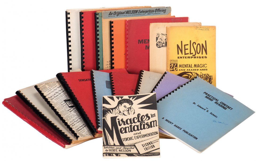 Nelson, Robert (Bob), et al. Lot of eighteen booklets: Nelson, Robert (Bob), et al. Lot of eighteen booklets and manuals on mentalism. Nelson Enterprises or Mickey Hades Publishing, 1950s – 70s. Including Sensational Mentalism (three volumes, 1965 – 7