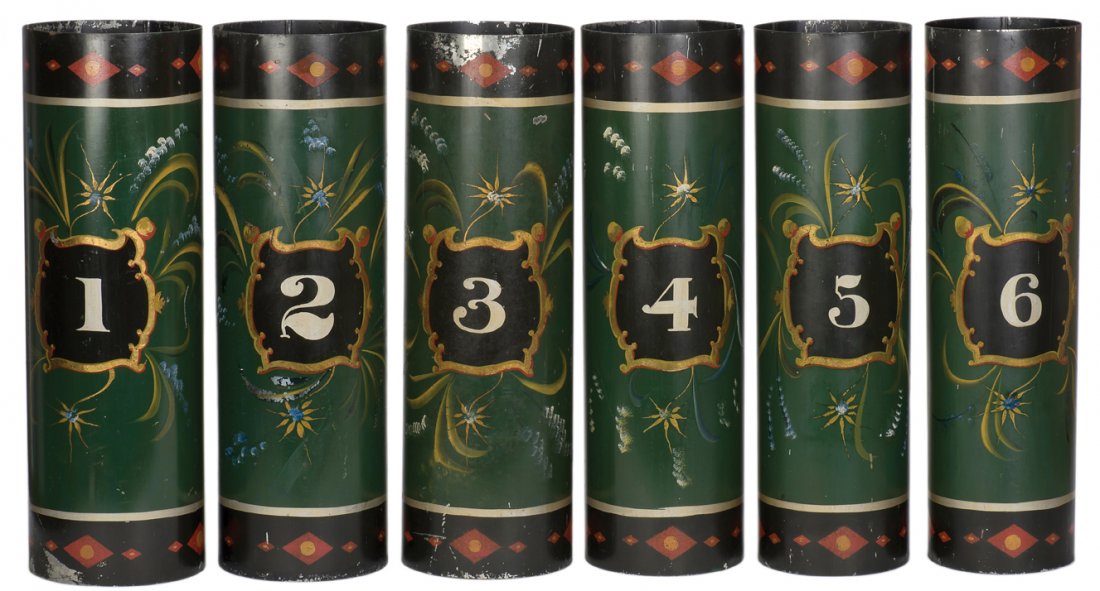 Set of Six Organ Pipes. American, ca. 1910.: Organ Pipes. American, ca. 1910. Set of six hand painted large metal tubes, one gimmicked as a Phantom Tube. After showing each tube empty, a gigantic production (of foodstuffs, handkerchiefs, and eve