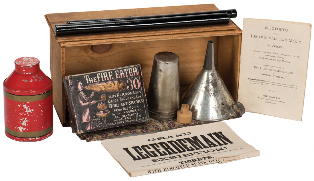 [Magic Set] Legerdemain Cabinet. Boston, ca. 1880.: [Magic Set] Legerdemain Cabinet. Boston, Perry Mason & Co., ca. 1880s [?]. Early American magic set includes instruction booklet, letterpress “stock” broadside, two wands, changing canister, magic