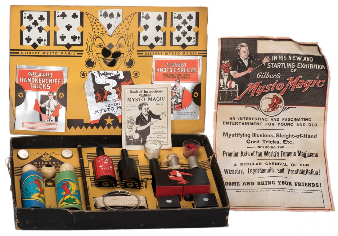 Mysto Magic Set No. 5. A. C. Gilbert, ca. 1950.: [Magic Set] Mysto Magic Set No. 5. New Haven, A.C. Gilbert Co., ca. 1950. Elaborate set includes Passe Passe Bottles, Die Box, Die Through Hat, Drum Head Tube, pull vanisher, wand, hank balls, card tr