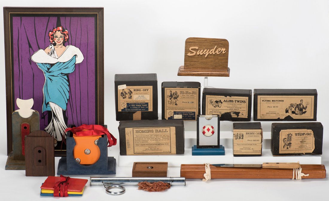 Collection of John Snyder-made magic props, cards.: [John Snyder Jr.] Collection of John Snyder-made magic props and trick cards. Including his Striptease Dancer (based on Culpitt’s Bathing Beauty), Devil’s Pillars (two sets), Alibi Twins, Ri-Ro-Ri