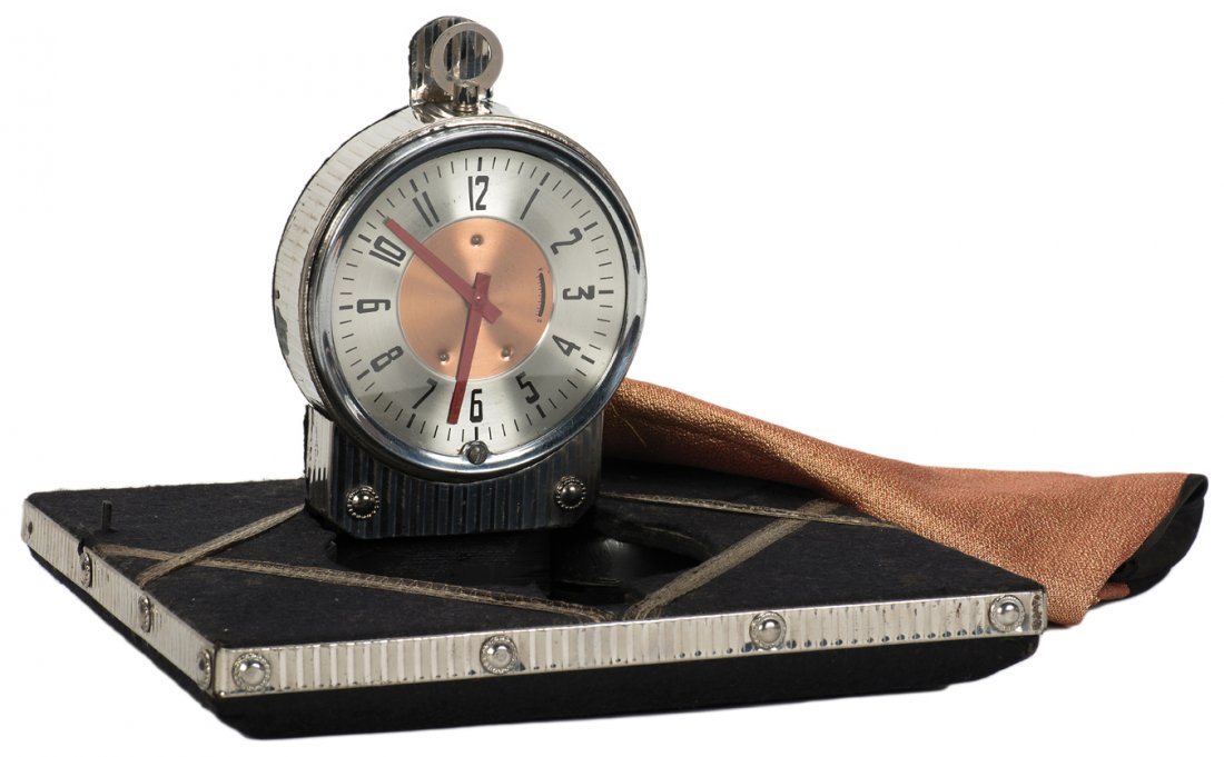 Vanishing Alarm Clock. Akron, Horace Marshall & Co.,: Vanishing Alarm Clock. Akron, Horace Marshall & Co., ca. 1950. A ringing alarm clock covered with a cloth and lifted from a tray vanishes in mid-air. Tray trimmed with hammered metal, 11 ¼ x 11 ¼”