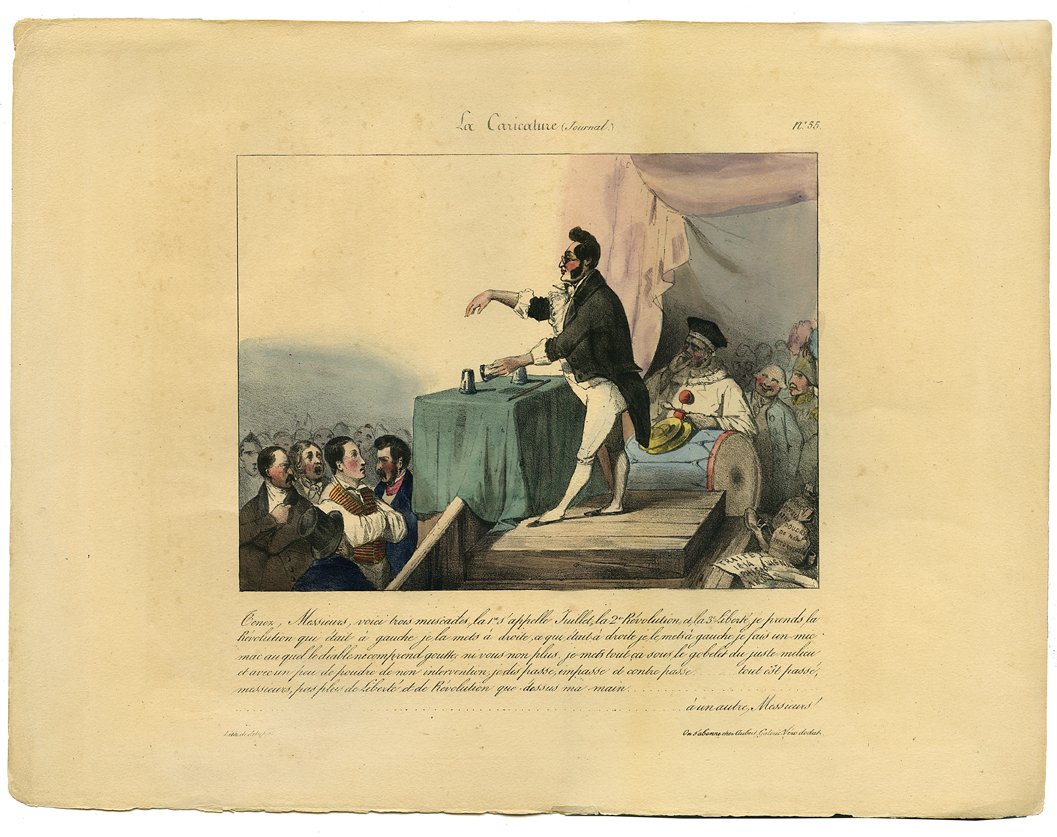 [Cups and Balls] David (Jules). 1831 hand colored print: [Cups and Balls] David (Jules). Tenez messieurs, voici trois muscades. (La Caricature no. 55). Paris, 1831. Hand-colored lithograph depicting Louis Philippe, King of France, as a conjurer. Lengthy des