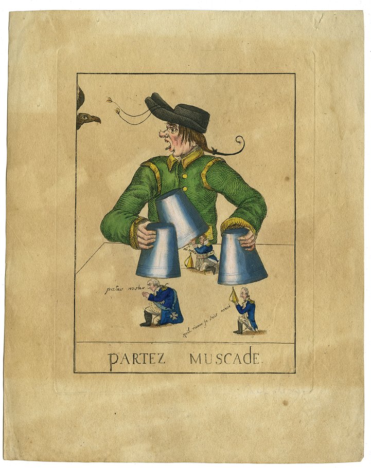 Cups and Balls. French print, ca. 1815.: [Cups and Balls] [Louis?] Partez Muscade. French, ca. 1815. Etched caricature depicting a magician with three large cups over the tiny caroonish figures of Louis XVIII, Charles X and Duc de Berry. 9 �