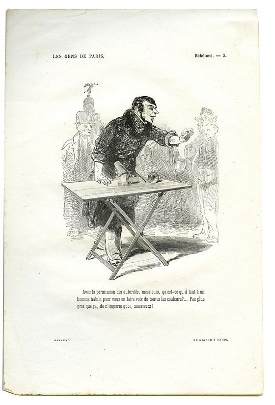 Cups and Balls etching by Gavarni, Paris. 1845: [Cups and Balls] Gavarni (Paul). Les Gens de Paris. (Bohèmes – 3). Paris, 1845. Etching of a street magician behind his table, showing him performing the Cups and Balls. Text below the image is dra