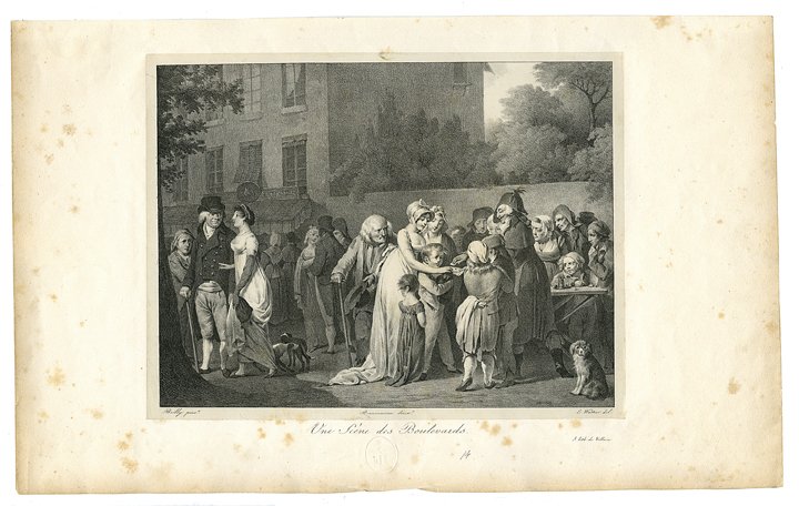 Cups and Balls litho by Boilly (Louis-Leopold). 1864.: [Cups and Balls] Boilly (Louis-Leopold). Une Scéne des Boulevards. Paris, ca. 1864. Handsome lithograph by E. Wattier of a street magician performing with cards at the right side of the image, with h