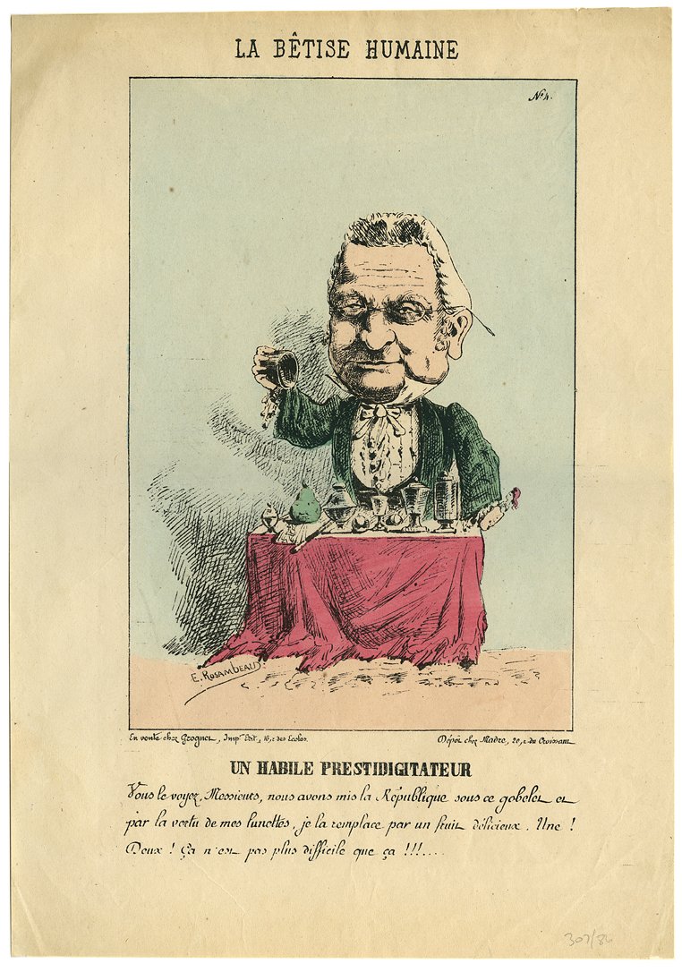 Cups and Balls hand colored print by Rosambeau. 1851.: [Cups and Balls] Rosambeau, E. La Bêtise Humaine. Un Habile Prestidigitateur. Paris, Chez Madre, ca. 1851 [?]. Hand-colored political cartoon depicts Theirs performing with a variety of magic props, 
