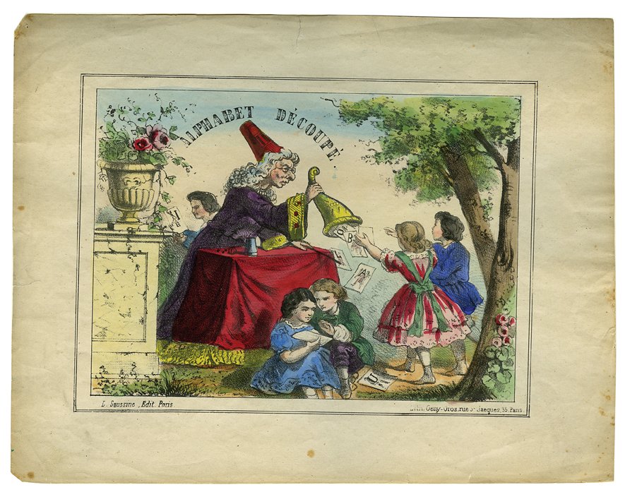 Cups / Balls. Alphabet Découpé hand colored print, 1860: [Cups and Balls] Alphabet Découpé. Paris, Geny-Gros, ca. 1860. Lovely hand-colored print depicting a conjurer performing with Cups and Balls and a large horn of plenty behind a draped table. 12 x 9�