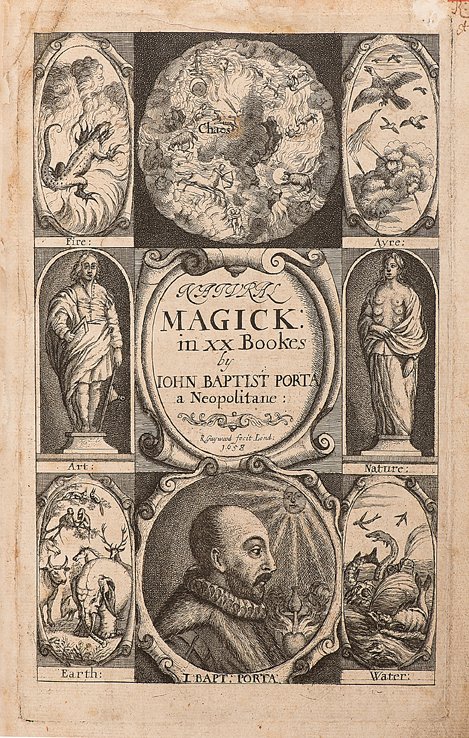 Porta, John Baptista. Natural Magick. London, 1658.: Porta, John Baptista. Natural Magick. London: Printed for Thomas Young, and Samuel Speed, 1658. Vellum spine gilt stamped over marbled boards. Engraved and title page inserts, fifteen words and the da