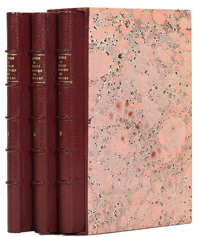 Raimon. Le Nouveau Magicien Des Familles fine binding: Raimon, Jean. Le Nouveau Magicien Des Familles. Paris: Société Française, (1913). Three volumes on card games, scientific amusements, and mathematical recreations and puzzles. Full maroon leather w