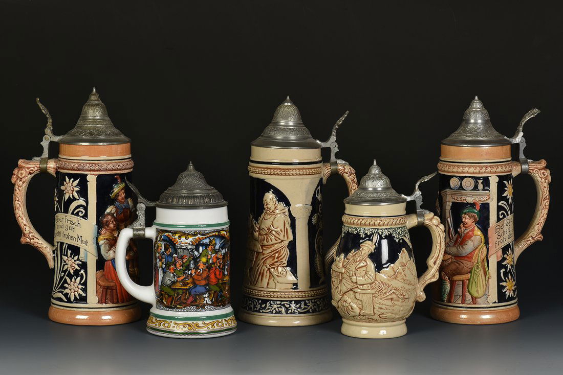 Five Beer Steins. Various dates and countries of (1 of 2)