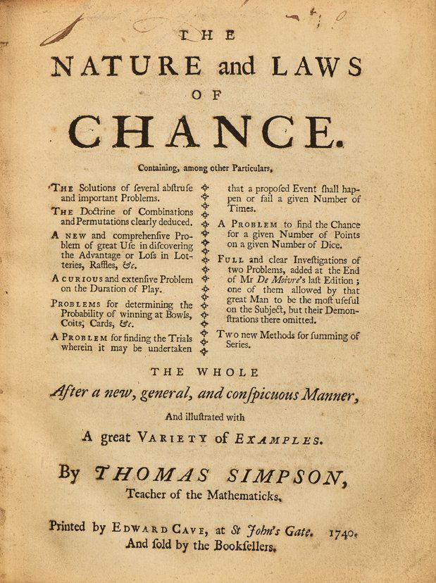 Simpson, Thomas. The Nature and Laws of Chance. London: (1 of 2)