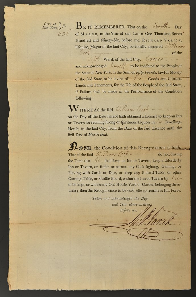 City of New York Anti-Gambling Edict for a Tavern. [New: City of New York Anti-Gambling Edict for a Tavern. [New York], ca. 1796. Owned by William Cook. This edict states that the license shall be revoked if licensee “shall keep a disorderly Inn or Tavern