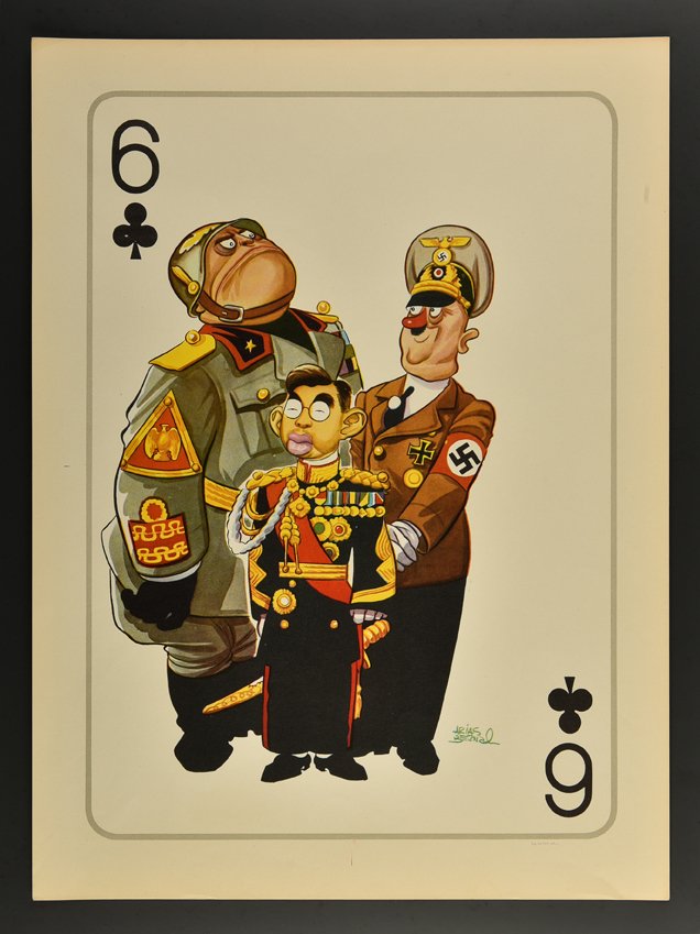 Bernal, Arias. World War II Anti-Fascist Lithographs.: Bernal, Arias. World War II Anti-Fascist Lithographs. Circa 1940s. Three half-tone lithographs, one caricature depicting Mussolini, with Hitler and Hirohito; the second a depiction of Roosevelt and Ch