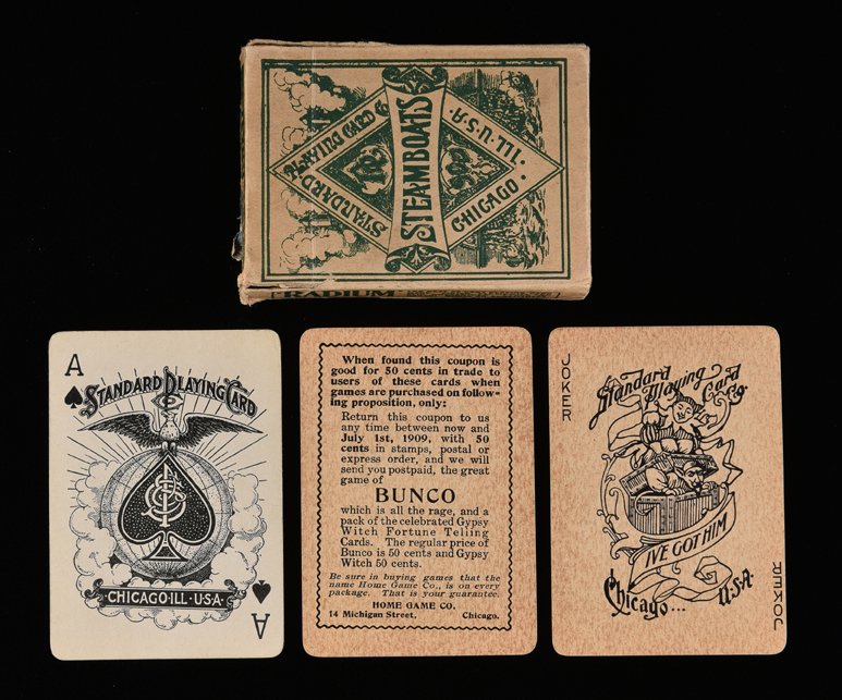 Standard Playing Card Co. “Steamboats”. Chicago, ca.: Standard Playing Card Co. “Steamboats”. Chicago, ca. 1895. 52 + J + EC + OB. VG. Joker and EC have brown faces, as issued. A few cards have bent corners. Hoch. SU2.