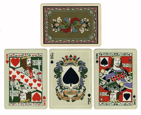 New York Consolidated Card Co. “Mediaeval” Playing: New York Consolidated Card Co. “Mediaeval” Playing Cards. New York, ca. 1897. 52 + OB (not NYCC Box but J.E. Caldwell & Co., Philadelphia). Backs were printed in five colors plus gold, which Hochm
