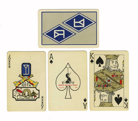 Press of the Woolly Whale “26th Yankee Division”: Press of the Woolly Whale “26th Yankee Division” Playing Cards. New York, 1933. 52 + J. Deck commemorates Armistice Day, 1918. Courts designed by Alban Butler. VG. Faces of many cards slightly yel