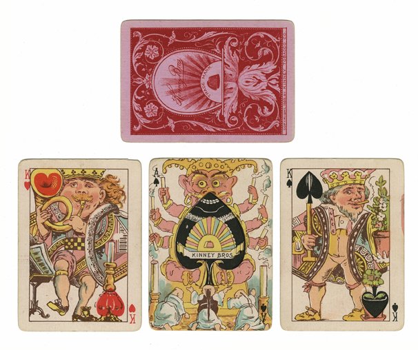 Kinney Tobacco Harlequin. Kinney Tobacco Co., 1889. 52.: Kinney Tobacco Harlequin. Kinney Tobacco Co., 1889. 52. A Clever design, being the first American deck to transform the courts. VG. Four cards damaged. AH & 2S creased. JS & AD with corner damage. Hoc