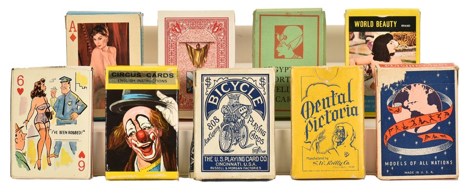 Twelve Decks: Stag decks, Bicycle & Fortune Telling.: Twelve Decks: Stag decks, Bicycle & Fortune Telling. Also included are 84 singles to include: Wide advertising, narrow advertising, art deco and pin ups. Condition and completeness varies.