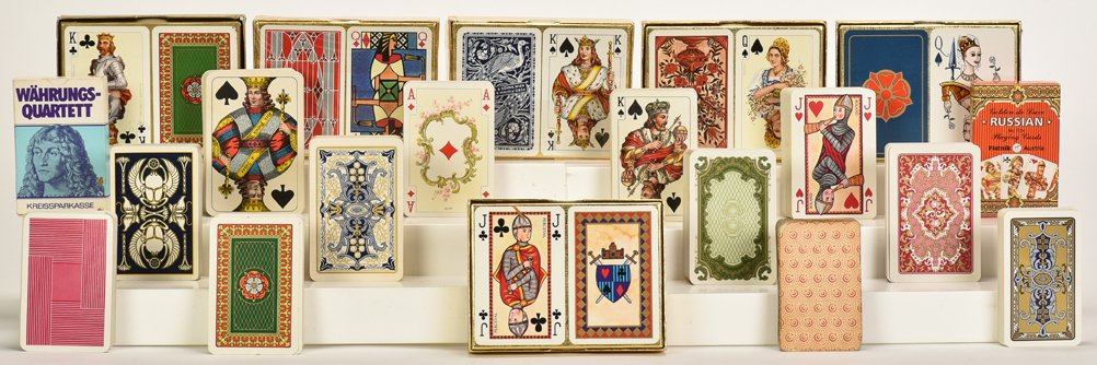 Thirty-Two Decks. Including Wahrungs-Quartett; Piatnik: Thirty-Two Decks. Including Wahrungs-Quartett; Piatnik Shakespeare; Piatnik Jugendstil; and one early Tarock deck. Condition and completeness varies.