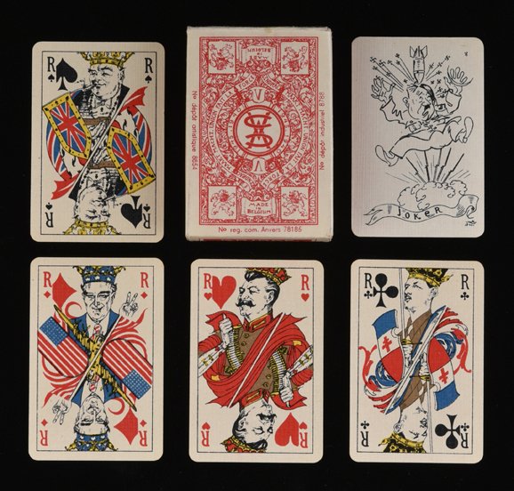 Van Mierle Proost “Union Fait La Force” Playing Cards.: Van Mierle Proost “Union Fait La Force” Playing Cards. Brussels, Belgium, ca.1945. 52 + J + OB. Commemorates the Second World War. Joker is Hitler receiving a bomb. Suits represent England, United