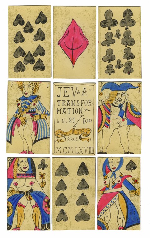 Charles Pry “Eros” Transformation Playing Cards.: Charles Pry “Eros” Transformation Playing Cards. Belgium, 1968. 52 + 2J. Limited edition, being number 21 of 100. A clever and well-executed erotic transformation pack. VG. Backs have transferred 