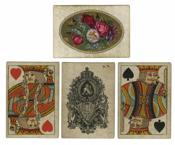 Hunt’s Playing Card Manufacturing Company Ltd. England,: Hunt’s Playing Card Manufacturing Company Ltd. England, ca. 1880. 52. Two way courts. Back has flowers in oval. VG-. Soiled and inked double “X” marks on the Ace of spades.