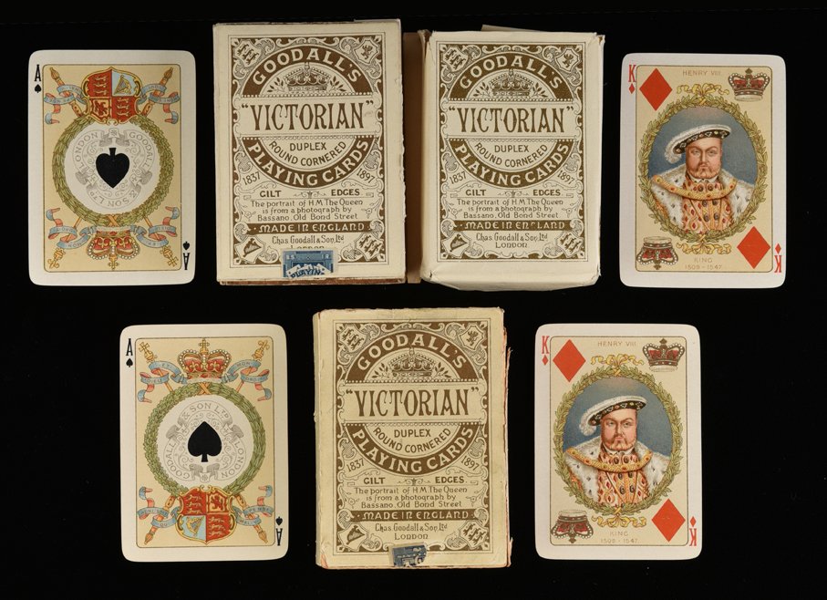 Two Chas. Goodall “Victorian” Playing Cards. London,: Two Chas. Goodall “Victorian” Playing Cards. London, England, ca. 1897. 1) 52 + Wrapper + Small Explanation Sheet + OB (top flap missing & side split). Gilt Edges, lovely portrait of the Queen on 