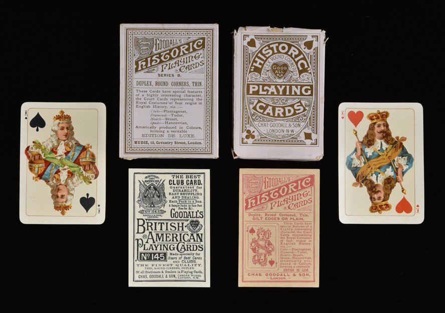 Chas. Goodall “Historic” Playing Cards. London,: Chas. Goodall “Historic” Playing Cards. London, England, ca. 1893. 52 + 2 Adv. Cards + Original Wrapper + OB. Deluxe Edition. Goodall name on all the aces. NM.