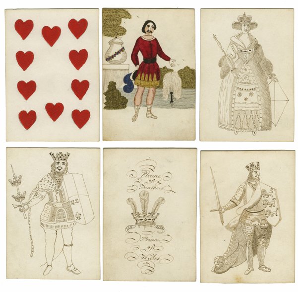 Maker Unknown. England, n.d., 47/52. 47 hand drawn and: Maker Unknown. England, n.d., 47/52. 47 hand drawn and painted cards. Eight courts partially drawn and one colored. 32 number cards mostly hand painted. One title card “Plume of Feathers” “Princ
