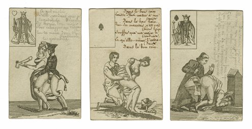 Erotic Pack of Etched Playing Cards. French [?], ca.: Erotic Pack of Etched Playing Cards. French [?], ca. 1810. 32/32 + Case (likely a replacement). Cards are non-transparent, with explicit depictions of sexual positions, some involving multiple partner
